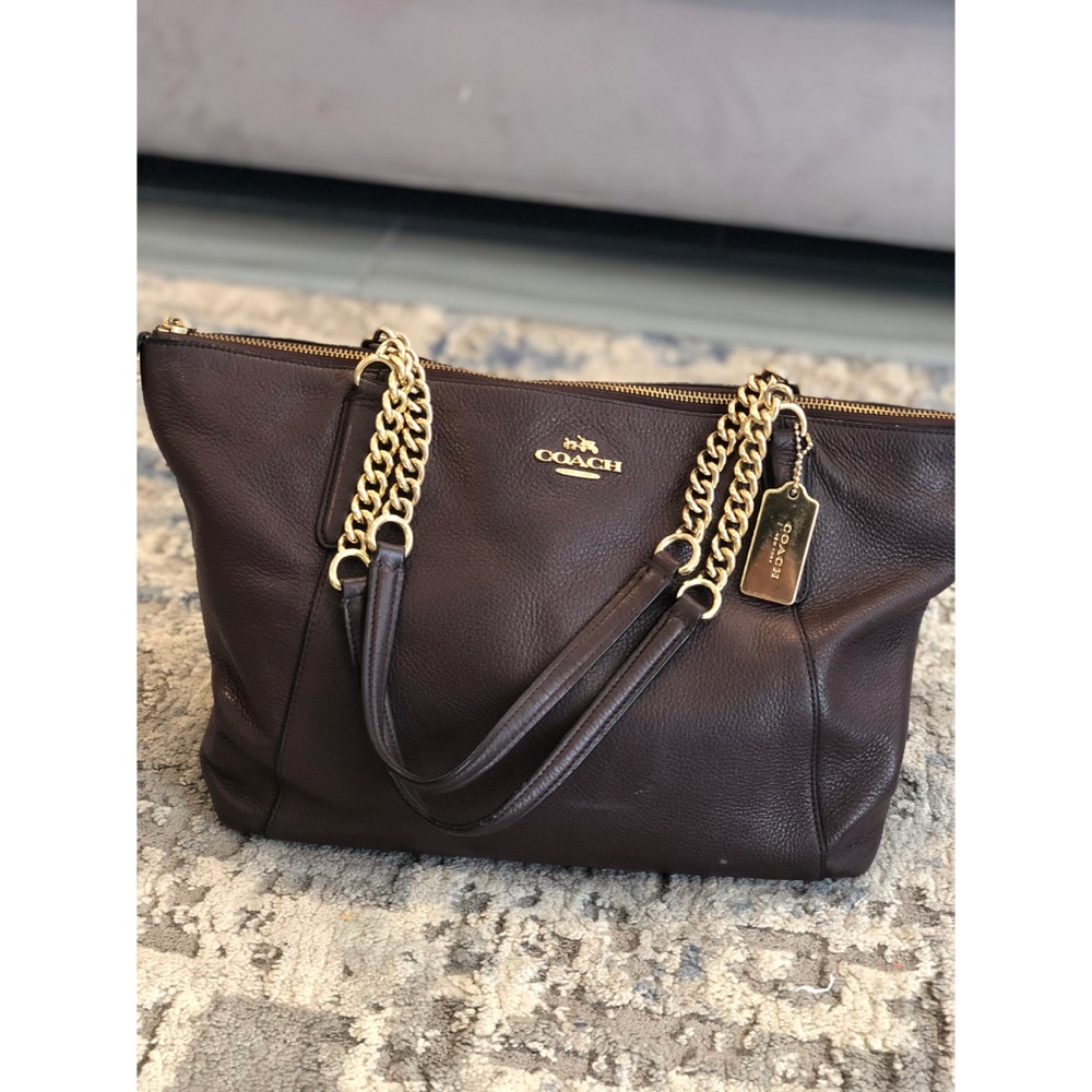 COACH DARK PLUM LEATHER AVA TOTE BAG GOLD CHAIN